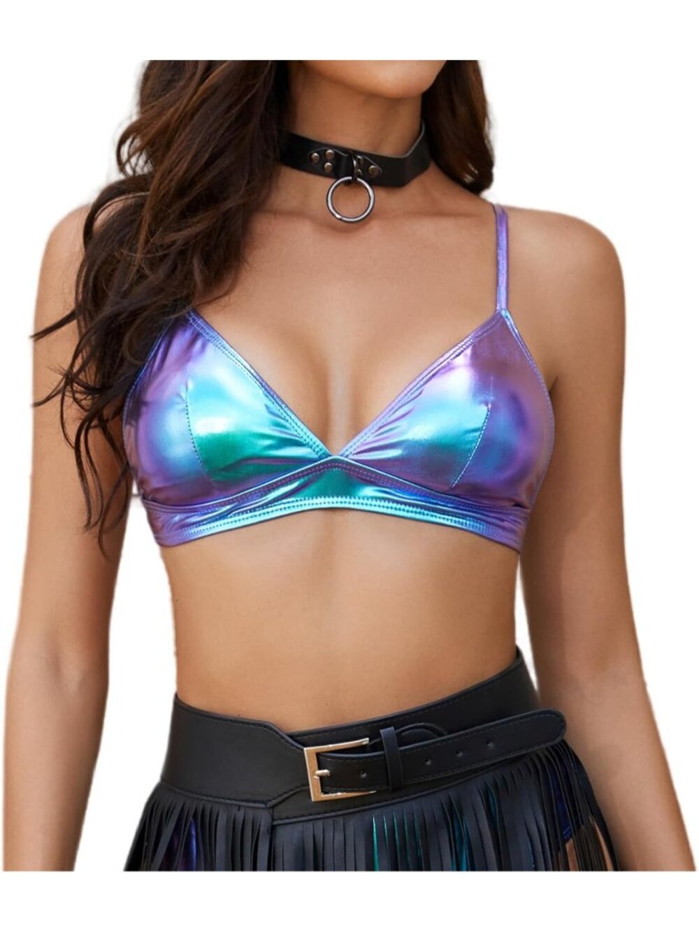 Women's Blue Metallic Crop Tops Shiny Light-Support Rave Bra Swimsuit Top